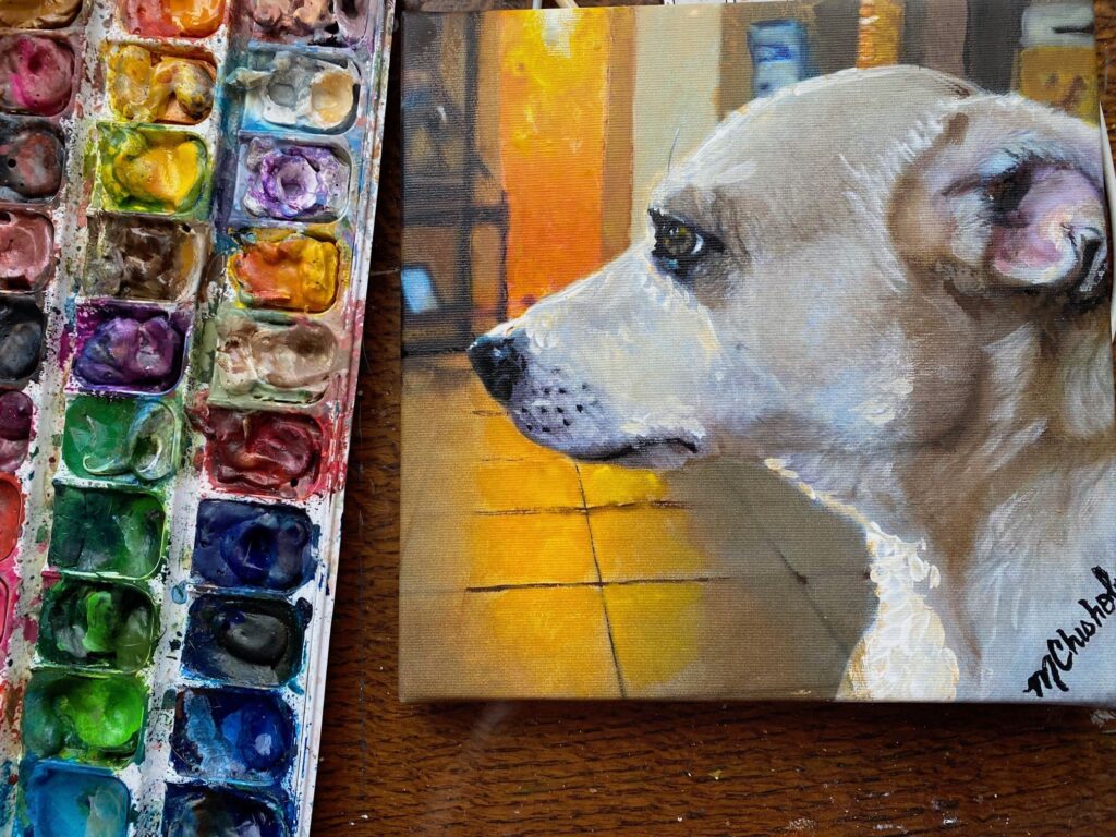 Portrait of Chihuahua with golden light by artist Maryanne Chisholm