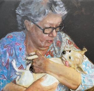 Portrait of an elderly woman with her chihuahua by Maryanne Chisholm