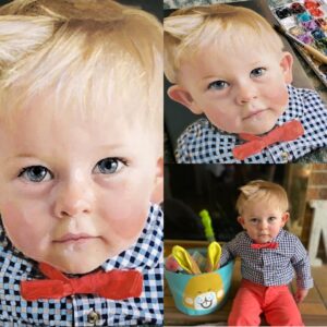 Portrait of a young toddler with red tie and checkered shirt by artist Maryanne Chisholm