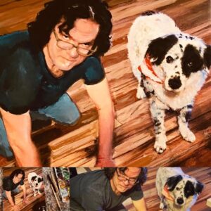 Portrait of a man playing with his Australian Shepherd Dog, by artist Maryanne Chisholm