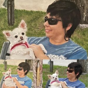 Portrait of a woman with her white Chihuahua by Maryanne Chisholm