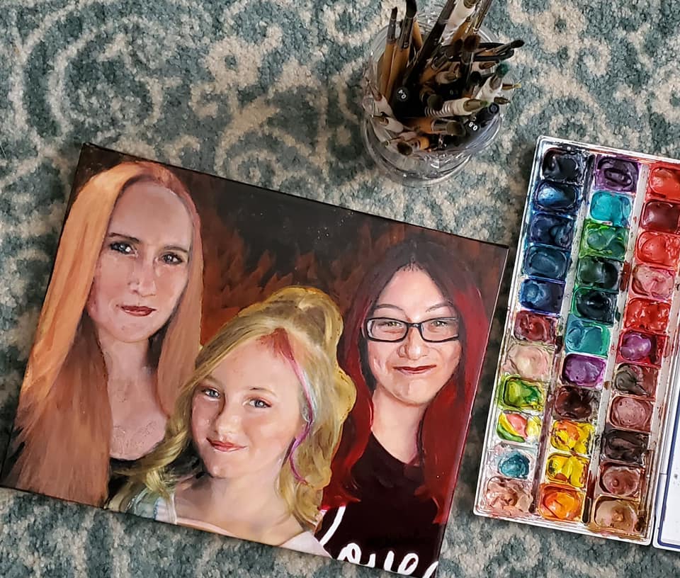 Portrait of Rebecca and her daughters, Bella and Shannon by artist Maryanne Chisholm