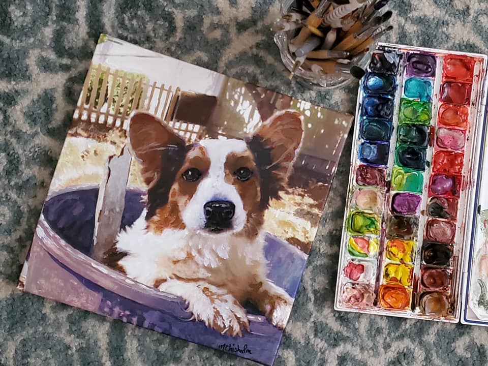 A small corgi in a bucket, original 8" x 8" watercolor & enamel on canvas painting.