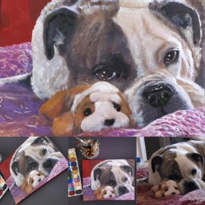 Portrait of Rosie the bulldog with her favorite stuffed animal by artist Maryanne Chisholm
