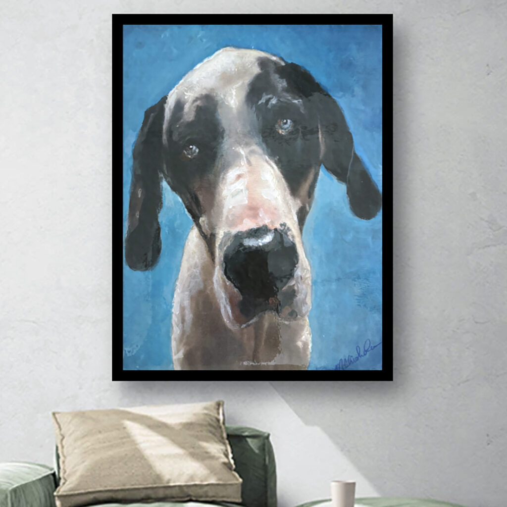 A watercolor and enamel on canvas portrait of a Great Dane with soulful eyes.
