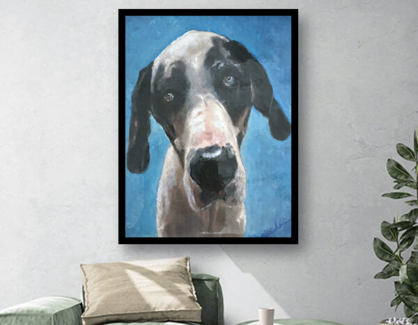 A watercolor and enamel on canvas portrait of a Great Dane with soulful eyes.