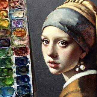 20 x 20 inch portrait in the style of Vermeer's Girl with a pearl earring.