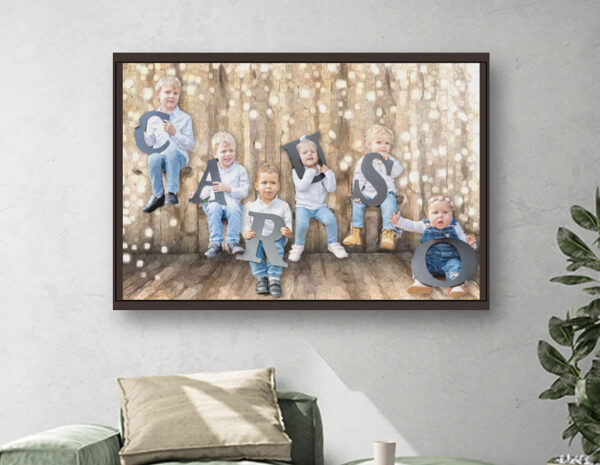 A 36" x 48" portrait of a family, shown with frame (for additional cost) by Maryanne Chisholm