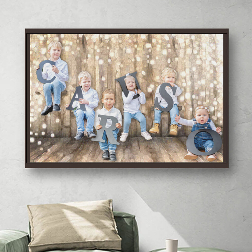 A 36" x 48" portrait of a family, shown with frame (for additional cost) by Maryanne Chisholm