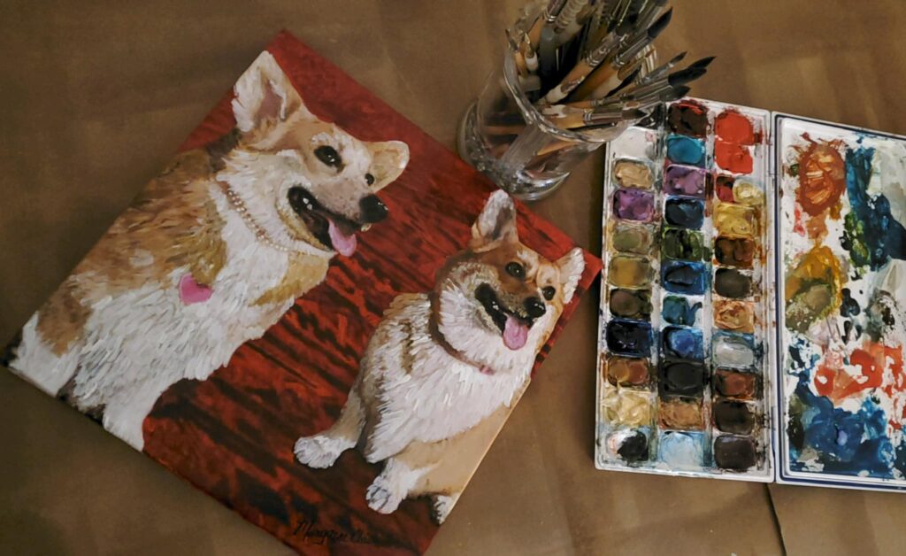 Portrait of two happy corgis by artist Maryanne Chisholm