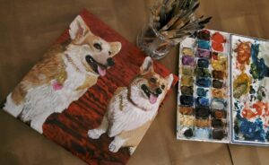 Portrait of two happy corgis by artist Maryanne Chisholm