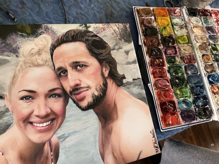 An 12 inch by 12 inch original watercolor on canvas.