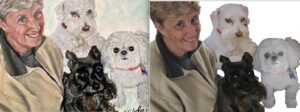 Portrait of a woman with her dogs by artist Maryanne Chisholm