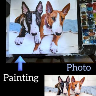 Two mini bull terriers in a hyperrealism painting are shown with the source image.