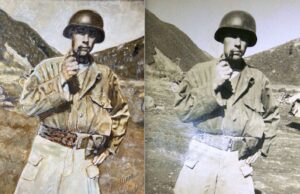 Portrait of a restored photo of a soldier smoking a pipe on a field by Maryanne Chisholm