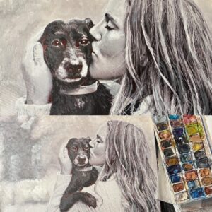 Portrait of a young woman holding her dog, by Maryanne Chisholm