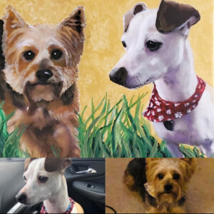 Composite portrait of two dogs in grass with gold background by Maryanne Chisholm