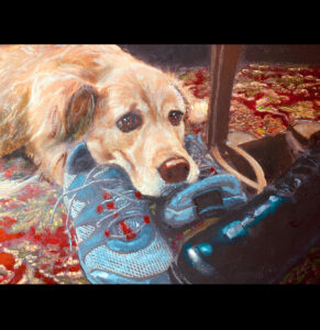Portrait of a Golden retriever waiting for her Dad to come home by Maryanne Chisholm
