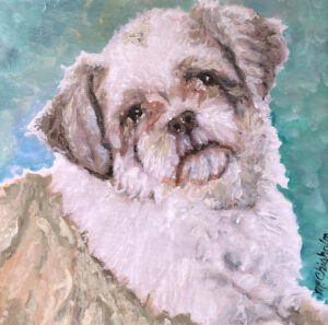 Portrait of a very good boy dog tan and white by Maryanne Chisholm
