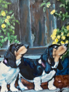 Portrait of two Basset Hound puppies in impressionism by Maryanne Chisholm