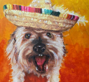 Portrait of Sammy - the happiest dog with a Sombrero by Maryanne Chisholm