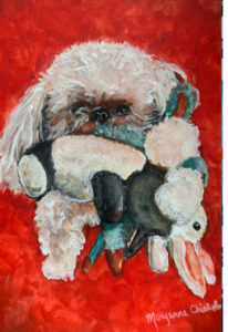 Portrait of a shih Tzu dog playing with his favorite toys by Maryanne Chisholm
