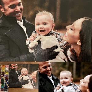Portrait of two parents and a baby with attached reference photos. Laughing, and joyful, hyperrealism painting,