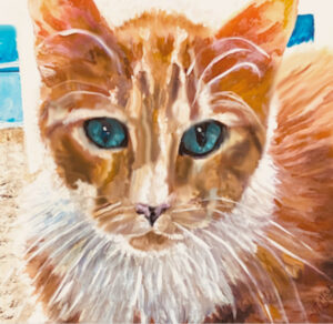 Stylized portrait of an orange and white cat with green eyes