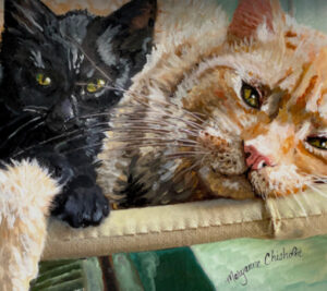 Portrait of orange cat cuddling with black kitten by Maryanne Chisholm