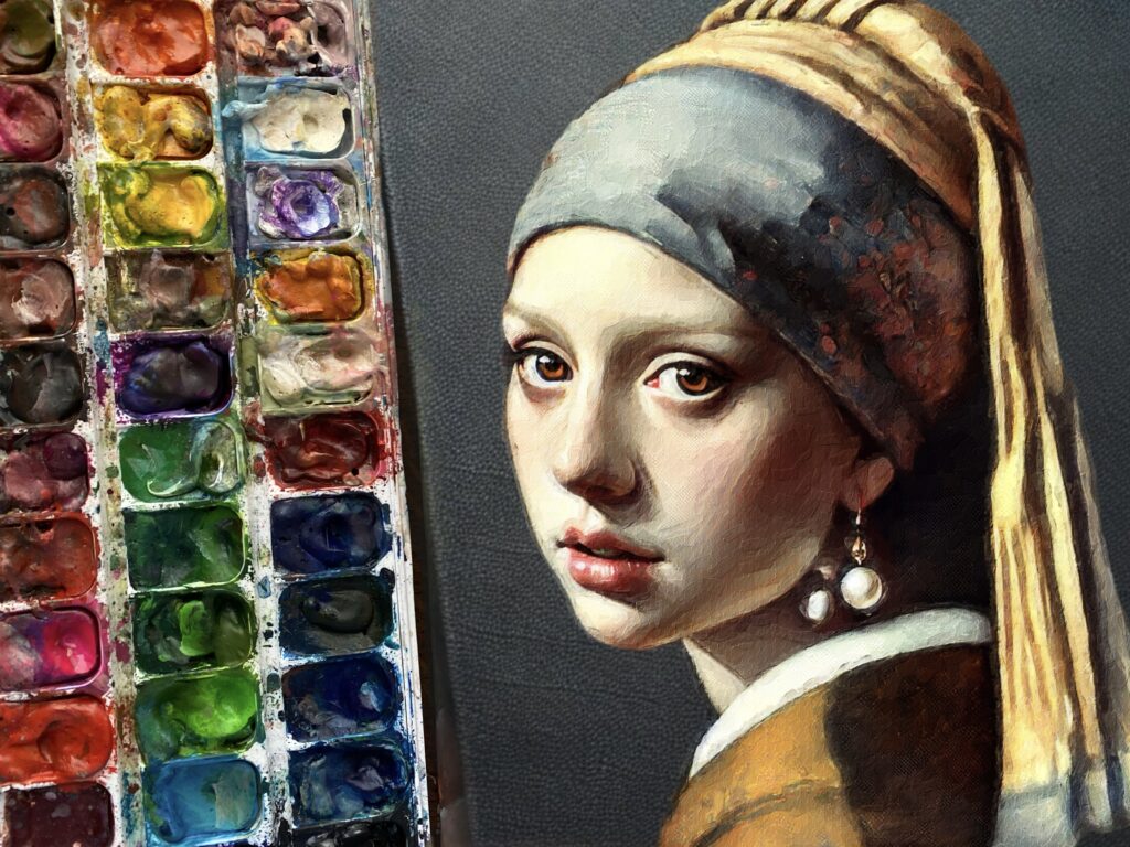 a 20" x 20" Watercolor on Canvas Portrait based on a masterpiece, Girl with a pearl earring, using another subjects face.