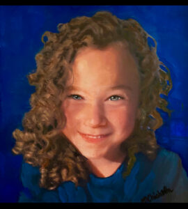 Portrait of a beautiful and spirited young girl with curly brown hair and a blue background by Maryanne Chisholm