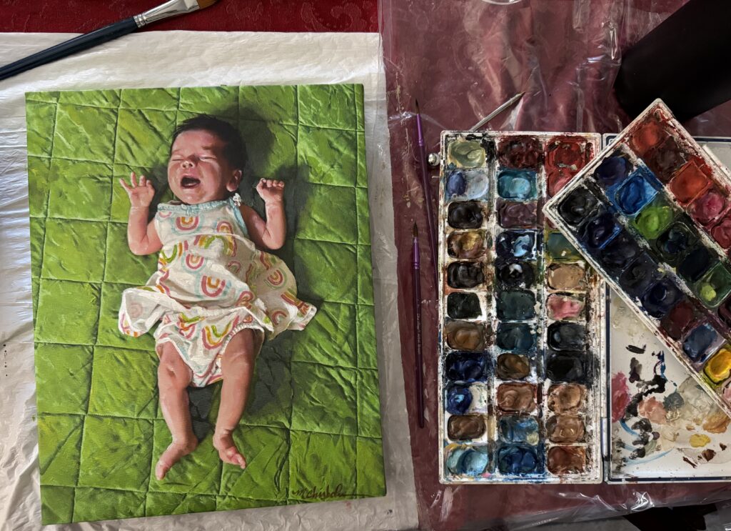 Portrait of a crying newborn twin by artist Maryanne Chisholm