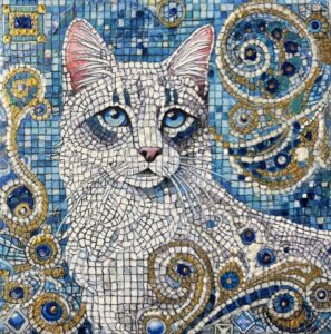 Mosaic portrait of Mozart the Lynx Siamese with ornamental details by artist Maryanne Chisholm