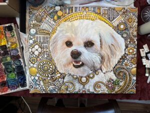 Portrait of a white Maltese dog with ornamental abstract background by artist Maryanne Chisholm