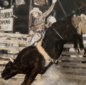 Portrait of a cowboy riding a bucking bronco by artist Maryanne Chisholm
