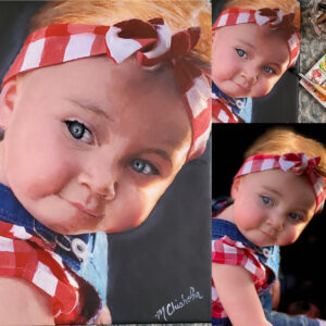 Portrait of a baby girl and her red and white checkered bandana by Maryanne Chisholm 