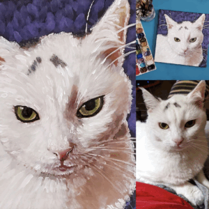 Portrait of a white cat with black markings by artist Maryanne Chisholm
